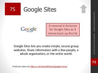 Google Sites 
Google Sites lets you create simple, secure group 
websites. Share information with a few people, a 
whole organization, or the entire world. 
Top 100 Tools for Learning 2014 
75 
Find out more at c4lpt.co.uk/top100tools/google-sites/ 
75 
A reversal in fortunes 
for Google Sites as it 
moves back up the list 
Published 22 September 2014 
18 
 