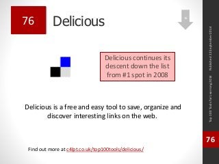 Delicious 
Delicious is a free and easy tool to save, organize and 
discover interesting links on the web. 
Top 100 Tools for Learning 2014 
76 
Find out more at c4lpt.co.uk/top100tools/delicious/ 
76 
Delicious continues its 
descent down the list 
from #1 spot in 2008 
Published 22 September 2014 
16 
 