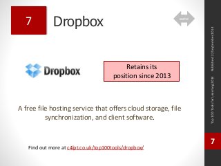 Dropbox 
A free file hosting service that offers cloud storage, file 
synchronization, and client software. 
Top 100 Tools for Learning 2014 
7 
Find out more at c4lpt.co.uk/top100tools/dropbox/ 
7 
Retains its 
position since 2013 
Published 22 September 2014 
same 
 