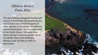 Offshore Birdies
Punta Mita
The Jack Nicklaus–designed Pacifico golf
course at Punta Mita has something you
won’t find at any of the thousands of
other courses in the world—an offshore
natural island green. Set on a rocky atoll
in the Pacific Ocean, 199 yards from
shore, the par-3 is known as the Tail of
the Whale. Due to the difficulty,
Nicklaus built 19 holes to offer an
alternative.
 