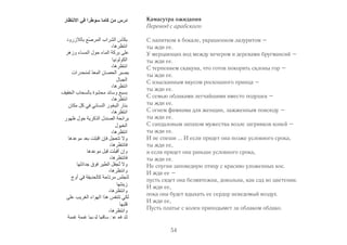 Камасутра ожидания 
Перевод с арабского 
С напитком в бокале, украшенном лазуритом – 
ты жди ее. 
У мерцающих вод между вечером и деревами бругмансий – 
ты жди ее. 
С терпением скакуна, что готов покорять склоны гор – 
ты жди ее. 
С изысканным вкусом роскошного принца – 
ты жди ее. 
С семью облаками легчайшими вместо подушек – 
ты жди ее. 
С огнем фимиама для женщин, зажженным повсюду – 
ты жди ее. 
С сандаловым запахом мужества возле загривков коней – 
ты жди ее. 
И не спеши ... И если придет она позже условного срока, 
ты жди ее, 
и если придет она раньше условного срока, 
ты жди ее. 
Не спугни заповедную птицу с красиво уложенных кос. 
И жди ее – 
пусть сядет она безмятежна, довольна, как сад во цветении. 
И жди ее, 
пока она будет вдыхать ее сердцу неведомый воздух. 
И жди ее, 
Пусть платье с колен приподымет за облаком облако. 
54 
 