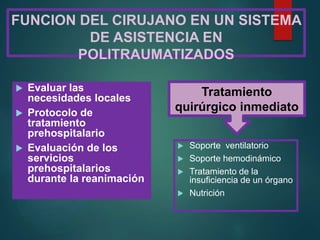 FUNCION DEL CIRUJANO EN UN SISTEMA
DE ASISTENCIA EN
POLITRAUMATIZADOS
 Evaluar las
necesidades locales
 Protocolo de
tratamiento
prehospitalario
 Evaluación de los
servicios
prehospitalarios
durante la reanimación
 Soporte ventilatorio
 Soporte hemodinámico
 Tratamiento de la
insuficiencia de un órgano
 Nutrición
Tratamiento
quirúrgico inmediato
 