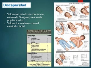 Discapacidad
• Valoración estado de conciencia
escala de Glasgow y respuesta
pupilar a la luz
• Valorar traumatismo craneal,
cervical o facial
 