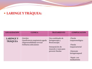  LARINGE Y TRÁQUEA: Son comunes en trauma penetrante de
cuello, esta lesión combinada se encuentra en un 10% de individuos,
las lesiones concomitantes son frecuentes.
LOCALIZACION CLINICA TRATAMIENTO COMPLICACION
LARINGE Y
TRÁQUEA
-Estridor
-Insuficiencia respiratoria aguda
-Hipersensibilidad cervical
-Enfisema subcutáneo
Uso combinado de
laringoscopia y
Broncoscopia
Interposición de
musculo o vasos para
prevenir fistulas
-Fistula
traqueoesofagica
-Fistula
traqueoarterial
-Estenosis
laringotraqueal
-Sepsis con
mediastinitis
 