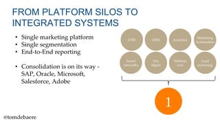 FROM PLATFORM SILOS TO
INTEGRATED SYSTEMS
•  Single  marketing  platform	
•  Single  segmentation  	
•  End-­‐‑to-­‐‑End  ...
