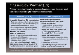 3. Case study : Walmart (1/3) 
Walmart invested heavily in back end systems, now focus on front 
end digital marketing to understand consumers 
Back End (~ 2010) Front End (2010 ~ ) 
Invested in Data driven IT & communication 
- Track sales and merchandise inventories in stores 
- Owned the largest & most sophisticated computer 
systems in the private sector (incl. MPP1) 
- All information related to sales &inventories was 
passed on through an satellite comm. System 
Key Back End Systems 
Retail Link System ($4 B) 
- Monitor the sales of goods at stores & replenish 
inventories of 10,000 suppliers 
- Details of daily transactions (10 m↑/day) were 
processed via this system 
CPFR2, TPS3 (Transaction Process System) 
DSS4, Satellite System, EDI5, UPC6 code, RFID7 
Hub(distribution center) & Spoke(store) system 
Moves from Big Box retailer to 
e-Commerce Innovator (CEO drive) 
▪ Handles consumer data 
- 1 million customer transaction data/hr. 
- 245M customers walk in store/week 
▪ Walmart.com grows CAGR 30% since 2011 
- 4th US online commerce in 2013 
- Expecting $13B of e-Commerce in 2014 
▪ Walmart uses big data analytics 
- Walmart labs use social media analytic platform 
→ taxonomy : products, people, locations, events, 
and interests 
- Halloween and black-Fridays 
▪ Acquires 12 digital/analytic firms since 2011 
- mobile, social, big data, e-commerce etc 
1.Massive Parallel Processor, 2. Collaborative planning, forecasting & replenishment, 3. Transaction process systems, 
4. Decision support system, 5. Electronic Data Exchange, 6. Universal Product Code, 7. Radio Frequency Identification 
 