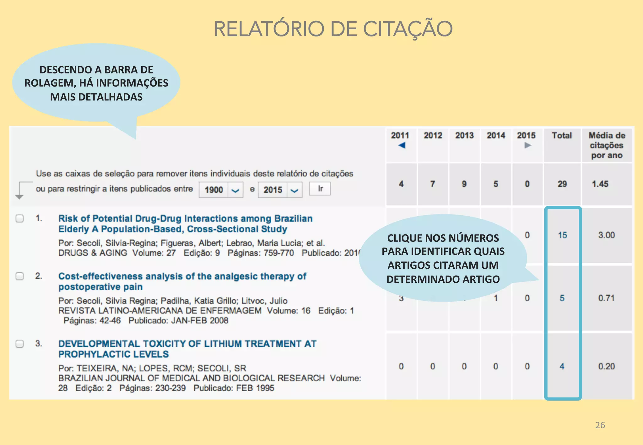 26	
  
CLIQUE	
  NOS	
  NÚMEROS	
  	
  
PARA	
  IDENTIFICAR	
  QUAIS	
  
ARTIGOS	
  CITARAM	
  UM	
  
DETERMINADO	
  ARTIGO	
  
RELATÓRIO DE CITAÇÃO
DESCENDO	
  A	
  BARRA	
  DE	
  
ROLAGEM,	
  HÁ	
  INFORMAÇÕES	
  
MAIS	
  DETALHADAS	
  
 