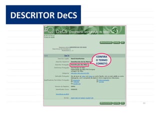 22	
  
DESCRITOR	
  DeCS	
  
CONFIRA	
  	
  
O	
  TERMO	
  
CORRETO	
  
 