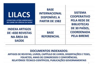 8	
  
CLIQUE	
  
LILACS	
  
BASE	
  
INTERNACIONAL	
  
DISPONÍVEL	
  A	
  
PARTIR	
  DE	
  1982	
  
DOCUMENTOS	
  INDEXADOS:	
  	
  
ARTIGOS	
  DE	
  REVISTAS,	
  LIVROS,	
  CAPÍTULO	
  DE	
  LIVROS,	
  DISSERTAÇÕES	
  E	
  TESES,	
  
FOLHETOS,	
  ANAIS	
  DE	
  CONGRESSOS	
  E	
  CONFERÊNCIAS,	
  	
  
RELATÓRIOS	
  TÉCNICO-­‐CIENTÍFICOS,	
  PUBLICAÇÕES	
  GOVERNAMENTAIS	
  
INDEXA	
  ARTIGOS	
  
DE	
  +830	
  REVISTAS	
  
NA	
  ÁREA	
  DA	
  
SAÚDE	
  
BASE	
  	
  
REFERENCIAL	
  
SISTEMA	
  
COOPERATIVO	
  
PELA	
  REDE	
  DE	
  
BIBLIOTECAS	
  	
  
DE	
  30	
  PAÍSES,	
  
COORDENADA	
  
PELA	
  BIREME	
  
LITERATURA	
  LATINO-­‐AMERICANA	
  E	
  
DO	
  CARIBE	
  EM	
  CIÊNCIAS	
  DA	
  SAÚDE	
  
 