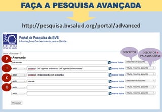 FAÇA A PESQUISA AVANÇADA
hep://pesquisa.bvsalud.org/portal/advanced	
  
DESCRITOR	
   DESCRITOR	
  +	
  
PALAVRA-­‐CHAVE	
  
P	
  
I	
  
C	
  
O	
  
 