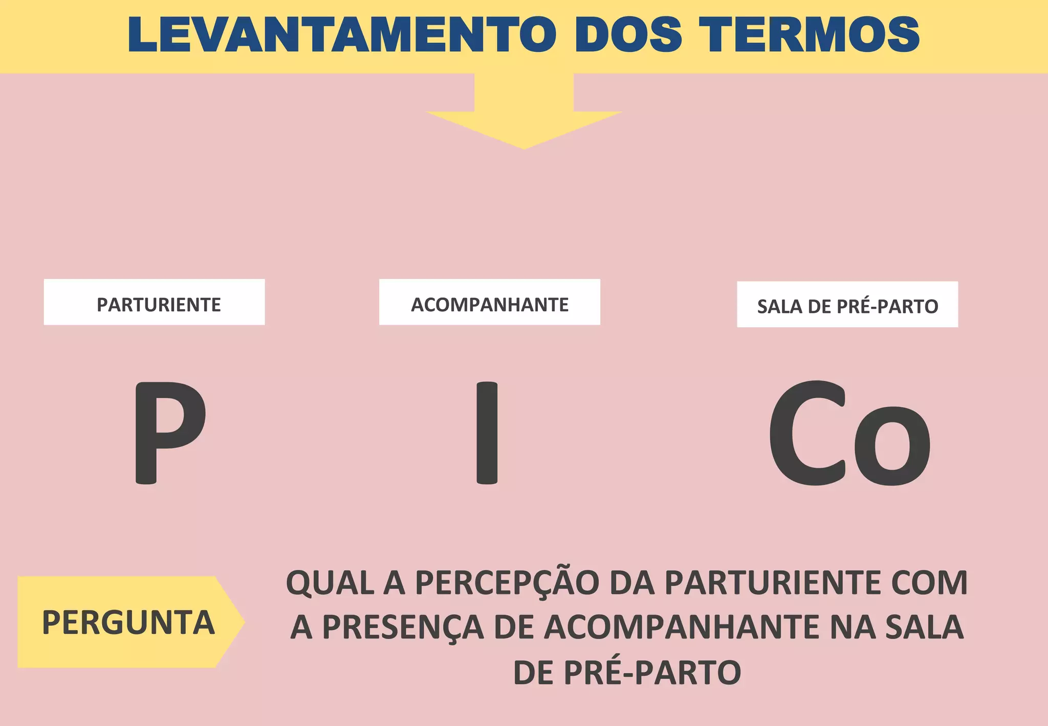 LEVANTAMENTO DOS TERMOS
ACOMPANHANTE	
  PARTURIENTE	
   SALA	
  DE	
  PRÉ-­‐PARTO	
  
P	
  	
  	
  	
  	
  	
  	
  I	
  	
  	
  	
  	
  	
  	
  Co	
  
QUAL	
  A	
  PERCEPÇÃO	
  DA	
  PARTURIENTE	
  COM	
  
A	
  PRESENÇA	
  DE	
  ACOMPANHANTE	
  NA	
  SALA	
  
DE	
  PRÉ-­‐PARTO	
  	
  
PERGUNTA	
  
 