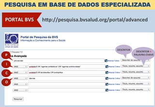 PESQUISA EM BASE DE DADOS ESPECIALIZADA
hgp://pesquisa.bvsalud.org/portal/advanced	
  
DESCRITOR	
  
DESCRITOR	
  +	
  
PALAVRA-­‐CHAVE	
  
PORTAL	
  BVS	
  
P	
  
I	
  
C	
  
O	
  
 
