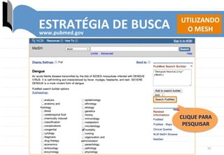 15	
  
ESTRATÉGIA	
  DE	
  BUSCA	
  www.pubmed.gov	
  
CLIQUE	
  PARA	
  
PESQUISAR	
  
UTILIZANDO	
  
O	
  MESH	
  
 