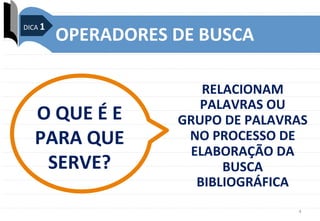 4	
  
OPERADORES	
  DE	
  BUSCA	
  
RELACIONAM	
  
PALAVRAS	
  OU	
  
GRUPO	
  DE	
  PALAVRAS	
  
NO	
  PROCESSO	
  DE	
  
ELABORAÇÃO	
  DA	
  
BUSCA	
  
BIBLIOGRÁFICA	
  
...	
  
O	
  QUE	
  É	
  E	
  
PARA	
  QUE	
  
SERVE?	
  
DICA	
  1	
  
 