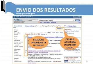18	
  
ENVIO	
  DOS	
  RESULTADOS	
  www.pubmed.gov	
  
SELECIONE	
  	
  
OS	
  ARTIGOS	
  DE	
  	
  
INTERESSE	
  
E	
  CLIQUE	
  	
  
AQUI	
  PARA	
  
ENVIAR	
  POR	
  	
  
E-­‐MAIL	
  
 
