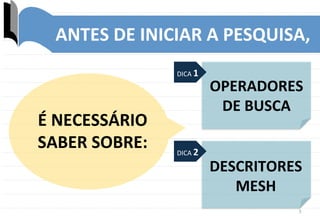 3	
  
ANTES	
  DE	
  INICIAR	
  A	
  PESQUISA,	
  
É	
  NECESSÁRIO	
  
SABER	
  SOBRE:	
  
DICA	
  1	
  
OPERADORES	
  
DE	
  BUSCA	
  
DESCRITORES	
  
MESH	
  
DICA	
  2	
  
 