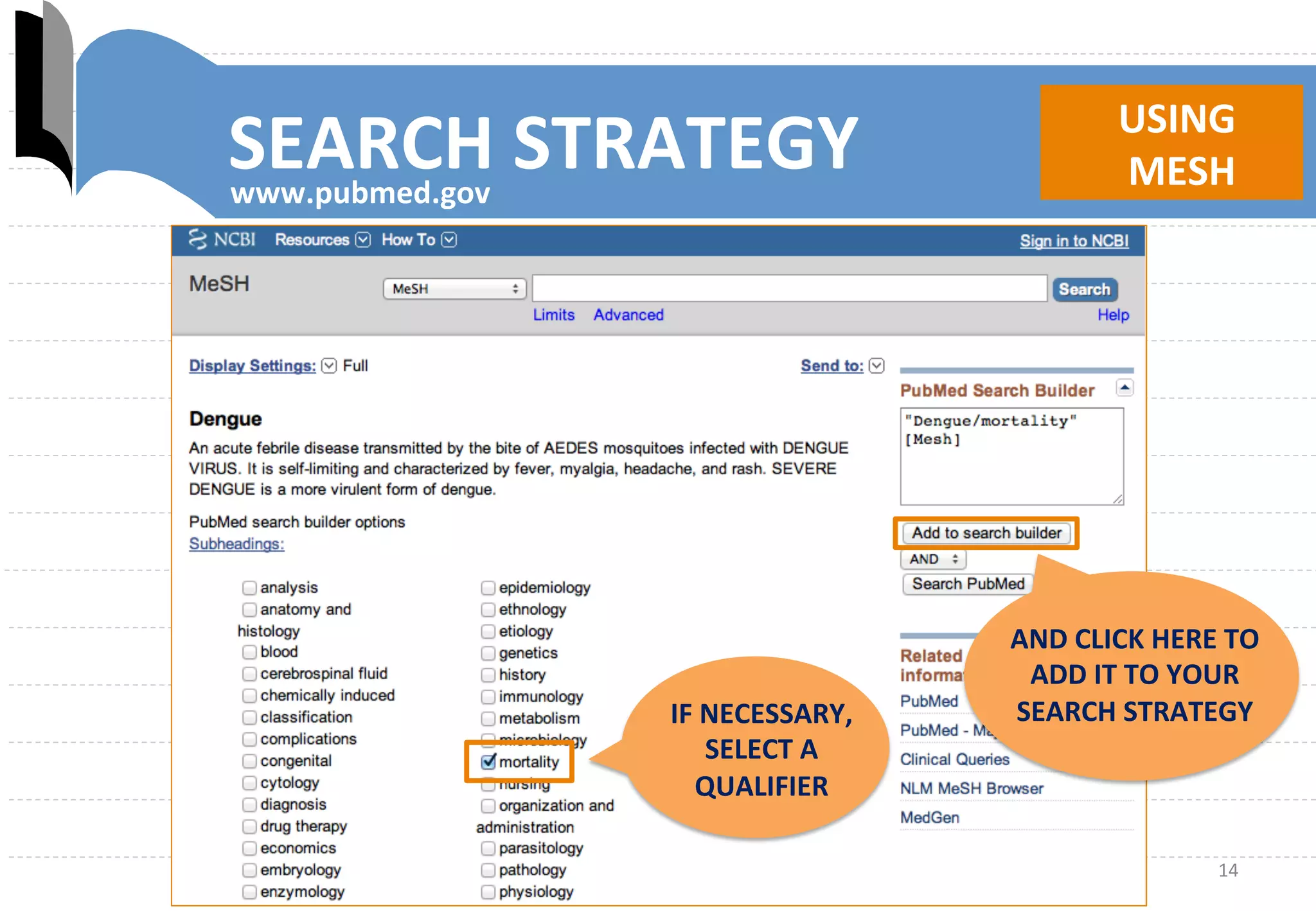 14	
  
IF	
  NECESSARY,	
  
SELECT	
  A	
  
QUALIFIER	
  
AND	
  CLICK	
  HERE	
  TO	
  
ADD	
  IT	
  TO	
  YOUR	
  
SEARCH	
  STRATEGY	
  
SEARCH	
  STRATEGY	
   USING	
  
	
  MESH	
  www.pubmed.gov	
  
 
