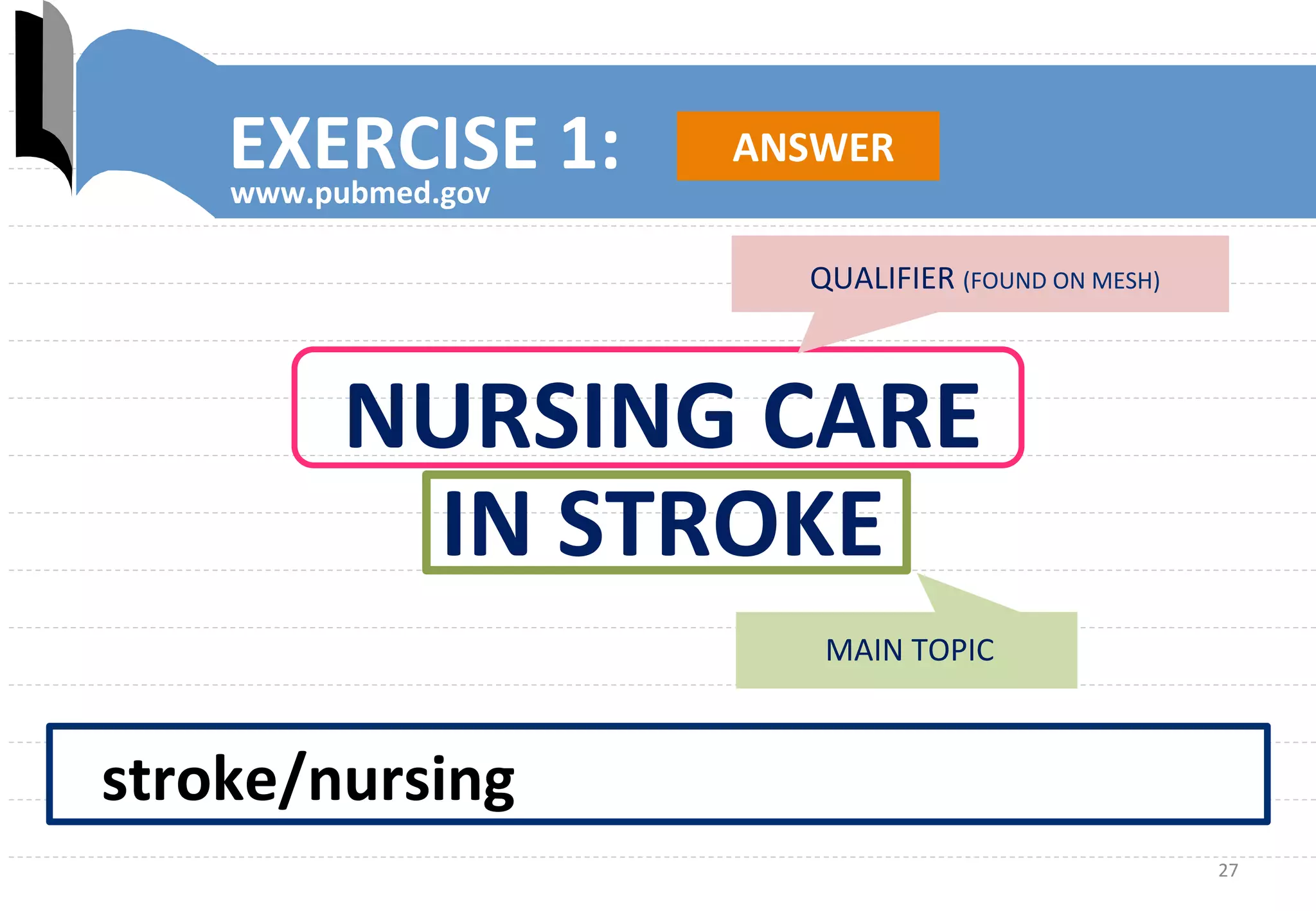 27	
  
EXERCISE	
  1:	
  
www.pubmed.gov	
  
stroke/nursing	
  
NURSING	
  CARE	
  
IN	
  STROKE	
  
ANSWER	
  
QUALIFIER	
  (FOUND	
  ON	
  MESH)	
  
MAIN	
  TOPIC	
  
 