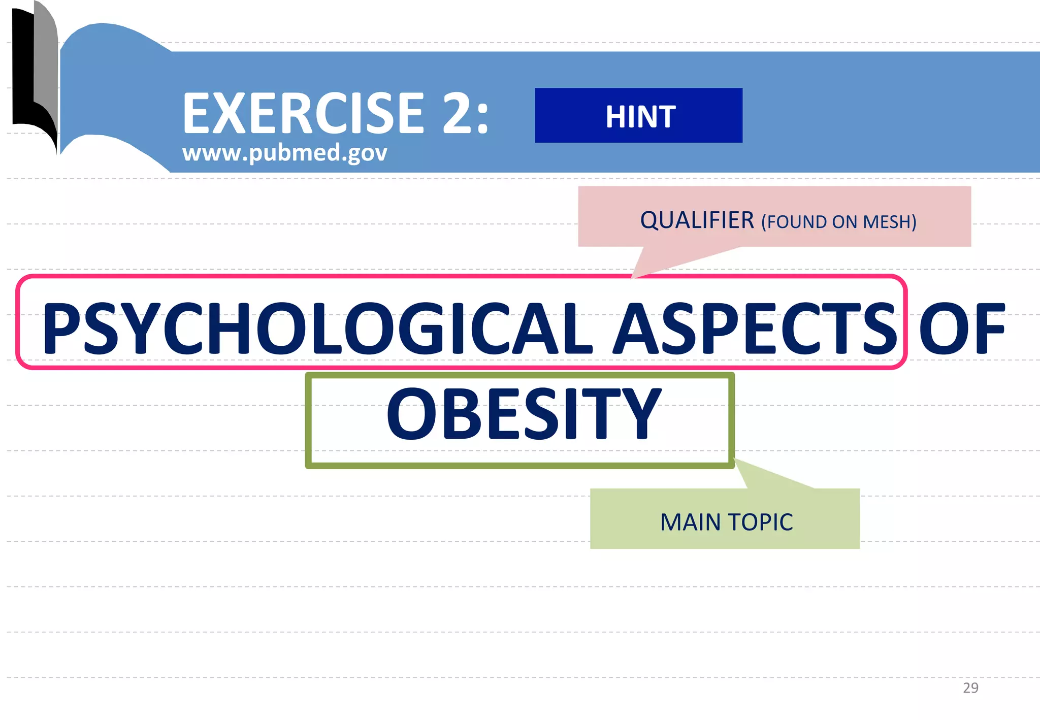 29	
  
EXERCISE	
  2:	
  
www.pubmed.gov	
  
.	
  
QUALIFIER	
  (FOUND	
  ON	
  MESH)	
  
MAIN	
  TOPIC	
  
PSYCHOLOGICAL	
  ASPECTS	
  OF	
  
OBESITY	
  
HINT	
  
 