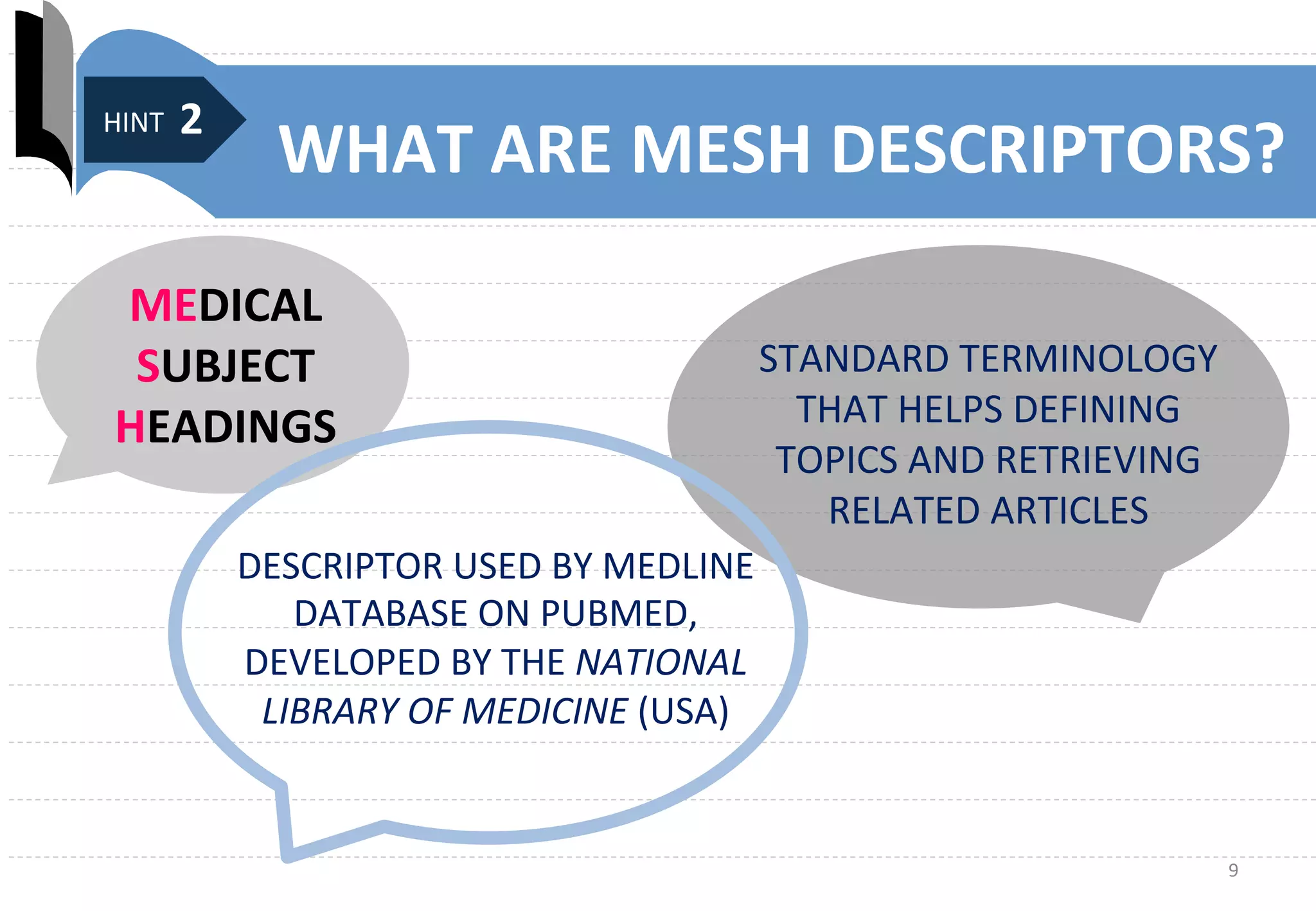 9	
  
WHAT	
  ARE	
  MESH	
  DESCRIPTORS?	
  
STANDARD	
  TERMINOLOGY	
  	
  
THAT	
  HELPS	
  DEFINING	
  	
  
TOPICS	
  AND	
  RETRIEVING	
  
RELATED	
  ARTICLES	
  
DESCRIPTOR	
  USED	
  BY	
  MEDLINE	
  
DATABASE	
  ON	
  PUBMED,	
  
DEVELOPED	
  BY	
  THE	
  NATIONAL	
  
LIBRARY	
  OF	
  MEDICINE	
  (USA)	
  
	
  HINT	
  2	
  
MEDICAL	
  
SUBJECT	
  
HEADINGS	
  
 