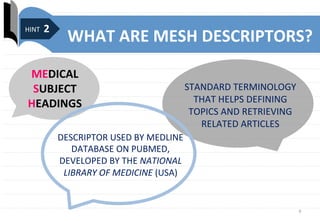 9	
  
WHAT	
  ARE	
  MESH	
  DESCRIPTORS?	
  
STANDARD	
  TERMINOLOGY	
  	
  
THAT	
  HELPS	
  DEFINING	
  	
  
TOPICS	
  AND	
  RETRIEVING	
  
RELATED	
  ARTICLES	
  
DESCRIPTOR	
  USED	
  BY	
  MEDLINE	
  
DATABASE	
  ON	
  PUBMED,	
  
DEVELOPED	
  BY	
  THE	
  NATIONAL	
  
LIBRARY	
  OF	
  MEDICINE	
  (USA)	
  
	
  HINT	
  2	
  
MEDICAL	
  
SUBJECT	
  
HEADINGS	
  
 