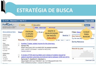 29	
  
ESTRATÉGIA	
  DE	
  BUSCA	
  
ESCOLHA	
  	
  
A	
  OPÇÃO	
  
PUBMED	
  
DIGITE	
  O	
  
QUALIFICADOR	
  
EM	
  INGLÊS:	
  
/educa^on	
  
CLIQUE	
  	
  
PARA	
  	
  
BUSCAR	
  
 