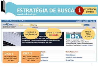 7	
  
ESTRATÉGIA	
  DE	
  BUSCA	
  
ESCOLHA	
  A	
  
OPÇÃO	
  MESH	
  
DIGITE	
  O	
  TERMO	
  
EM	
  INGLÊS.	
  
CLIQUE	
  	
  
PARA	
  	
  
BUSCAR	
  
PROCURE	
  SEMPRE	
  
PELO	
  TERMO	
  MAIS	
  
ESPECÍFICO	
  
NÃO	
  SABE	
  O	
  TERMO	
  EM	
  
INGLÊS?	
  CONSULTE	
  DeCS:	
  
decs.bvs.br	
  
DICA	
  1	
   DICA	
  2	
  
UTILIZANDO	
  	
  
O	
  MESH	
  1	
  www.pubmed.gov	
  
 