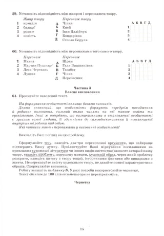 59. Установіть відповідність між жанром і персонажем твору.
Жанр твору Персонаж твору
1 комедія А Чіпка А Б В г д
2 балада Б Еней 1
3 роман' В Іван Палійчук 2
4 повість Г Бондарівна 3
Д Степан Боруля 4
60. Установіть відповідність між персонажами того самого твору.
Персонаж Персонаж
1 Мавка А Шрам
2 Мартин Пушкарі Б Галя Вишняківна 1
3 Леся Черевань В Тагабат 2
4 Лушня Г Чіпка 3
д Перелесник 4
І
А Б В Г Д
Частина З
Власне висловлення
61. Прочитайте наведений текст.
На формування особистості впливає багато чинників.
Дехто впевнений, що особистість формують передусім походження
й родинне виховання, сильний вплив чинять на неї також освіта т а
суспільство. Інші ж твердять, що визначальними в становленні особистості
є зусилля самої людини, її здатність до самовдосконалення й повсякчасної
внутрішньоїроботи над собою.
Які чинники мають переважати у вихованні особистості?
Викладіть Ваш погляд на цю проблему.
Сформулюйте тезу, наведіть два-три переконливі аргументи, що найкраще
підтвердять Вашу думку. Проілюструйте Ваші міркування посиланнями на
приклади з художньої літератури чи інших видів мистецтва (зазначте автора йназву
твору, унажіть проблему, порушену митцем, художній образ, через який проблему
розкрито, наведіть цитату з твору тощо), історичними фактами або випадками з
життя. Не переказуйте змісту художнього твору, не давайте повної характеристики
образів. Сформулюйте висновки.
Роботу запишіть на бланку Б. У разі потреби використовуйте чернетку.
Текст обсягом до 100 слів екзаменатори не перевірятимуть.
Чернетка
15
 