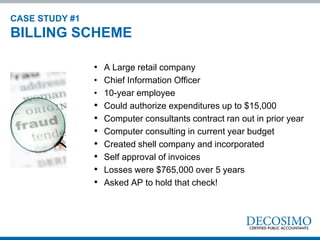 • A Large retail company
• Chief Information Officer
• 10-year employee
• Could authorize expenditures up to $15,000
• Computer consultants contract ran out in prior year
• Computer consulting in current year budget
• Created shell company and incorporated
• Self approval of invoices
• Losses were $765,000 over 5 years
• Asked AP to hold that check!
CASE STUDY #1
BILLING SCHEME
 