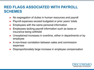 ► No segregation of duties in human resources and payroll
► Payroll expenses exceed budgeted or prior years’ totals
► Employees with the same personal information
► Employees lacking payroll information such as taxes or
insurance being withheld
► Unexplained increases in overtime, either in departments or by
employee
► A non-linear correlation between sales and commission
expenses
► Disproportionately large increase in employee compensation
RED FLAGS ASSOCIATED WITH PAYROLL
SCHEMES
 