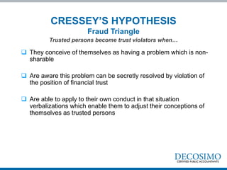CRESSEY’S HYPOTHESIS
Fraud Triangle
 They conceive of themselves as having a problem which is non-
sharable
 Are aware this problem can be secretly resolved by violation of
the position of financial trust
 Are able to apply to their own conduct in that situation
verbalizations which enable them to adjust their conceptions of
themselves as trusted persons
Trusted persons become trust violators when…
 