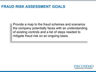 Provide a map to the fraud schemes and scenarios
the company potentially faces with an understanding
of existing controls and a list of steps needed to
mitigate fraud risk on an ongoing basis.
FRAUD RISK ASSESSMENT GOALS
 