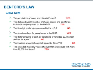  The populations of towns and cities in Europe?
 The daily and weekly number of shares bought and sold for an
individual company listed on the NYSE?
 The five-digit postal zip codes used in the U.S.?
.
 The street numbers for every house in the U.S?
 The dollar amounts of each air ticket sold or refunded by American
Airlines for a year?
 The invoiced amount of each bill issued by DirectTV?
 The extended inventory values of a Wal-Mart warehouse with more
than 20,000 line items? YES
YES
YES
NO
YES
NO
NO
Data Sets
BENFORD’S LAW
 