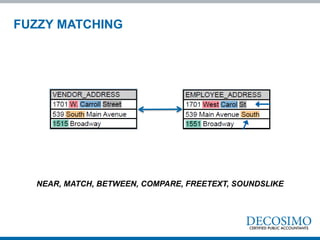 FUZZY MATCHING
NEAR, MATCH, BETWEEN, COMPARE, FREETEXT, SOUNDSLIKE
 