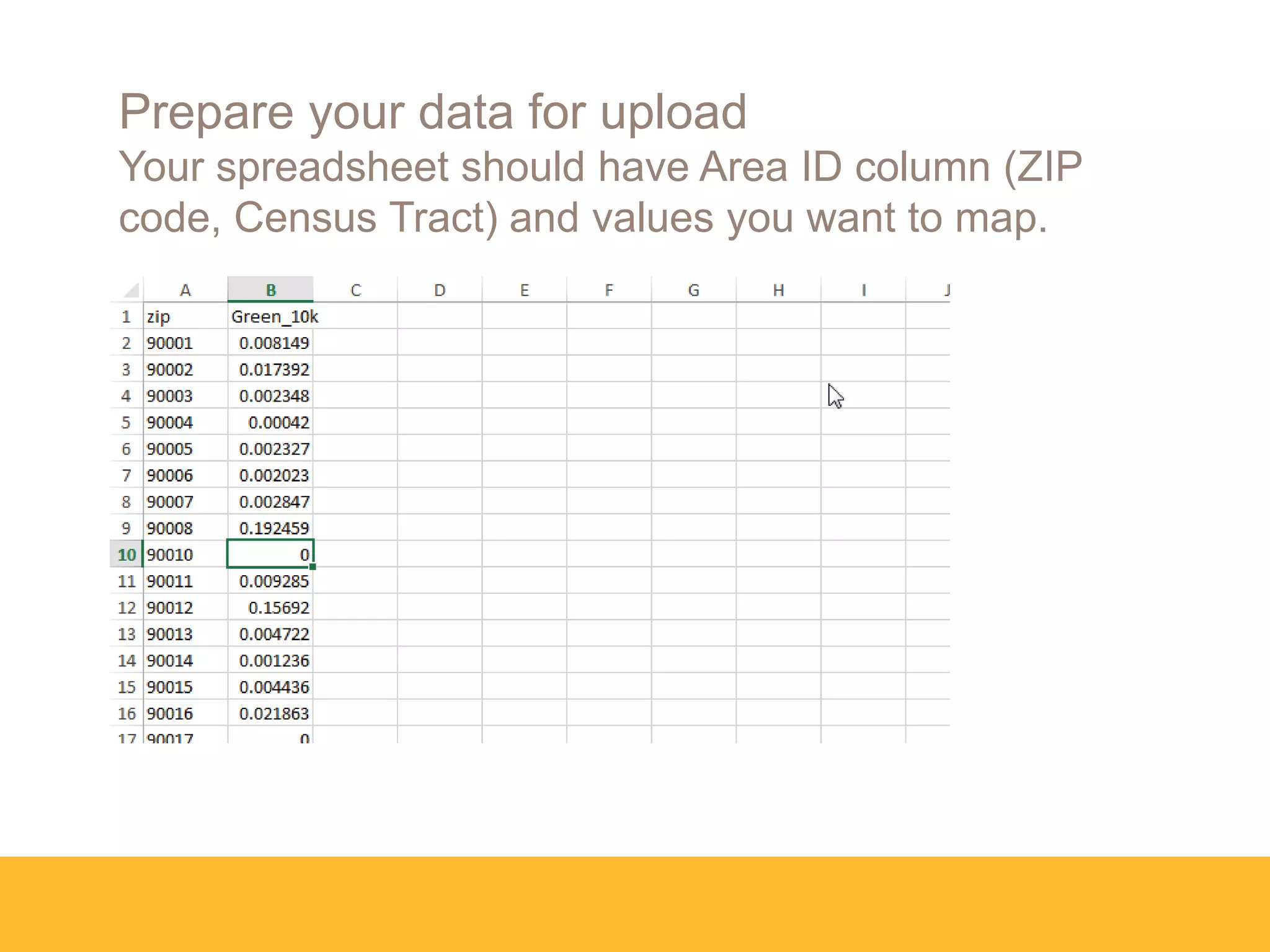 Prepare your data for upload
Your spreadsheet should have Area ID column (ZIP
code, Census Tract) and values you want to map.
 