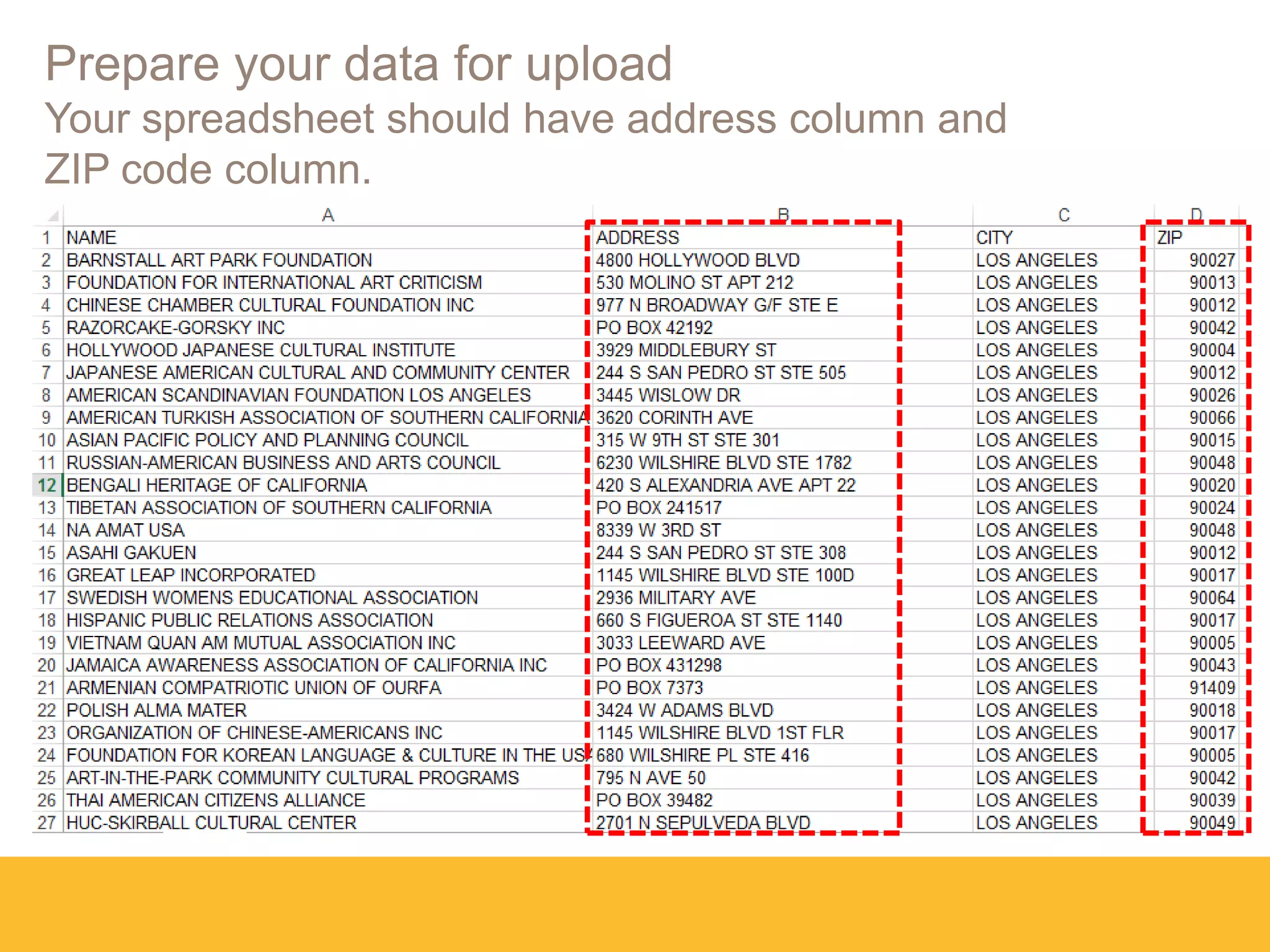 Prepare your data for upload
Your spreadsheet should have address column and
ZIP code column.
 
