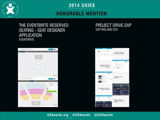 2014 UXIES 
HONORABLE MENTION 
UXAwards.org #UXAwards @UXAwards 
© 2014 
PROJECT DRIVE.SAP 
SAP IRELAND LTD. 
THE EVENTBRITE RESERVED 
SEATING - SEAT DESIGNER 
APPLICATION 
EVENTBRITE 
! 
 