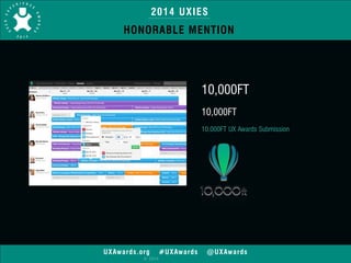 2014 UXIES 
HONORABLE MENTION 
UXAwards.org #UXAwards @UXAwards 
© 2014 
10,000FT 
! 
10,000FT 
! 
10,000FT UX Awards Submission 
 