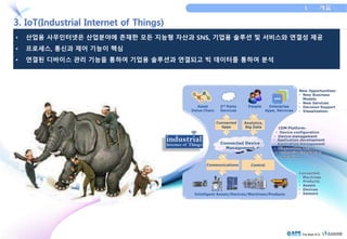 • 산업용 사무인터넷은 산업분야에 존재한 모든 지능형 자산과 SNS, 기업용 솔루션 및 서비스와 연결성 제공 
• 프로세스, 통신과 제어 기능이 핵심 
• 연결된 디바이스 관리 기능을 통하여 기업용 솔루션과 연결되고 빅 데이터를 통하여 분석 
 