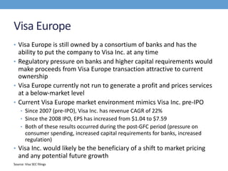 Visa Europe
• Visa Europe is still owned by a consortium of banks and has the
ability to put the company to Visa Inc. at any time
• Regulatory pressure on banks and higher capital requirements would
make proceeds from Visa Europe transaction attractive to current
ownership
• Visa Europe currently not run to generate a profit and prices services
at a below-market level
• Current Visa Europe market environment mimics Visa Inc. pre-IPO
• Since 2007 (pre-IPO), Visa Inc. has revenue CAGR of 22%
• Since the 2008 IPO, EPS has increased from $1.04 to $7.59
• Both of these results occurred during the post-GFC period (pressure on
consumer spending, increased capital requirements for banks, increased
regulation)
• Visa Inc. would likely be the beneficiary of a shift to market pricing
and any potential future growth
Source: Visa SEC filings
 