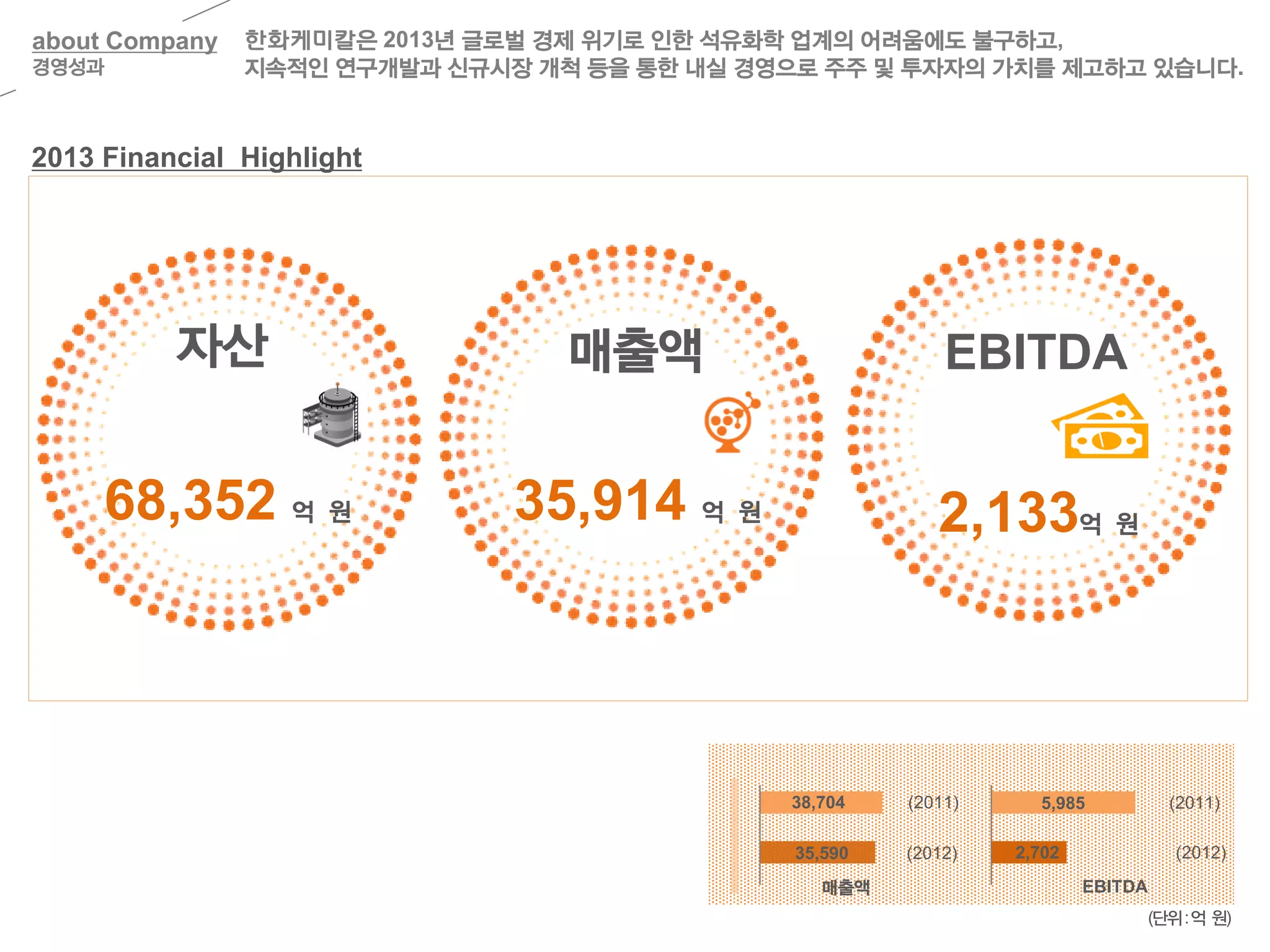 about Company
경영성과
2013 Financial Highlight
매출액
35,914 억 원
EBITDA
2,133억 원
38,704 (2011)
35,590 (2012)
5,985
4,722 (2011)
매출액 EBITDA
(단위:억 원)
(2011)
2,702 (2012)
자산
68,352 억 원

한화케미칼은 2013년 글로벌 경제 위기로 인한 석유화학 업계의 어려움에도 불구하고,
지속적인 연구개발과 신규시장 개척 등을 통한 내실 경영으로 주주 및 투자자의 가치를 제고하고 있습니다.
 