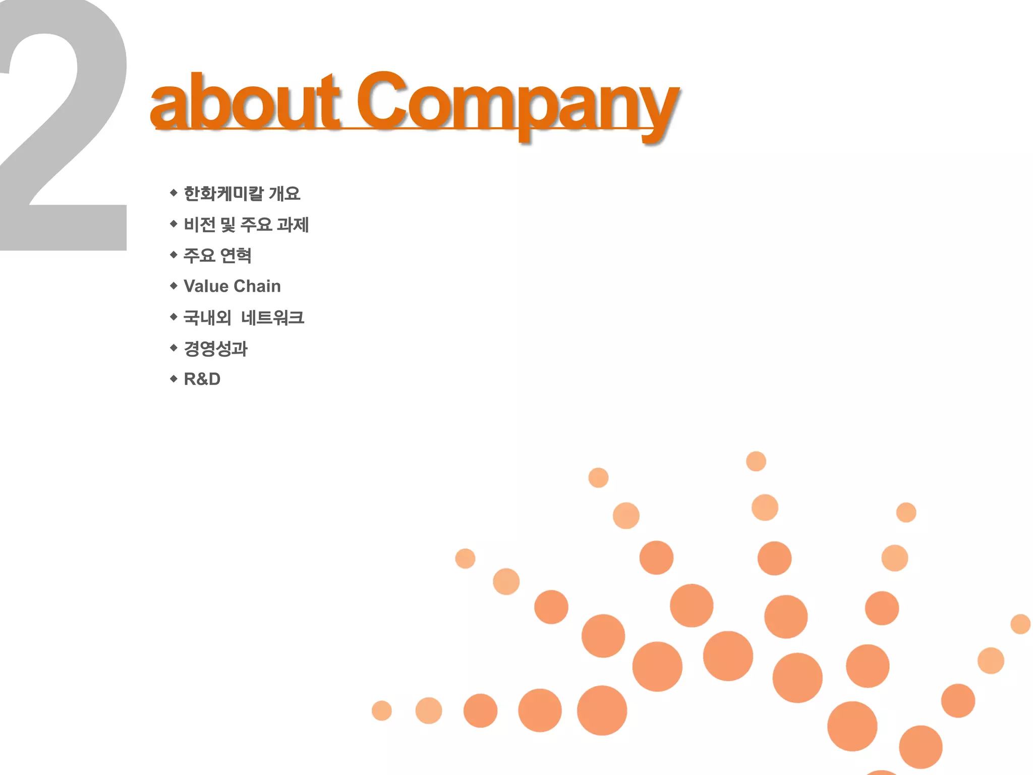 about Company
 한화케미칼 개요
 비전 및 주요 과제
 주요 연혁
 Value Chain
 국내외 네트워크
 경영성과
 R&D
 