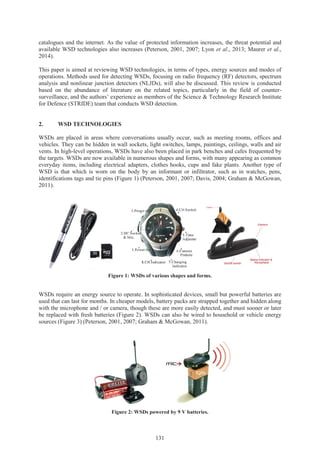 131
catalogues and the internet. As the value of protected information increases, the threat potential and
available WSD technologies also increases (Peterson, 2001, 2007; Lyon et al., 2013; Maurer et al.,
2014).
This paper is aimed at reviewing WSD technologies, in terms of types, energy sources and modes of
operations. Methods used for detecting WSDs, focusing on radio frequency (RF) detectors, spectrum
analysis and nonlinear junction detectors (NLJDs), will also be discussed. This review is conducted
based on the abundance of literature on the related topics, particularly in the field of counter-
surveillance, and the authors’ experience as members of the Science & Technology Research Institute
for Defence (STRIDE) team that conducts WSD detection.
2. WSD TECHNOLOGIES
WSDs are placed in areas where conversations usually occur, such as meeting rooms, offices and
vehicles. They can be hidden in wall sockets, light switches, lamps, paintings, ceilings, walls and air
vents. In high-level operations, WSDs have also been placed in park benches and cafes frequented by
the targets. WSDs are now available in numerous shapes and forms, with many appearing as common
everyday items, including electrical adapters, clothes hooks, cups and fake plants. Another type of
WSD is that which is worn on the body by an informant or infiltrator, such as in watches, pens,
identifications tags and tie pins (Figure 1) (Peterson, 2001, 2007; Davis, 2004; Graham & McGowan,
2011).
Figure 1: WSDs of various shapes and forms.
WSDs require an energy source to operate. In sophisticated devices, small but powerful batteries are
used that can last for months. In cheaper models, battery packs are strapped together and hidden along
with the microphone and / or camera, though these are more easily detected, and must sooner or later
be replaced with fresh batteries (Figure 2). WSDs can also be wired to household or vehicle energy
sources (Figure 3) (Peterson, 2001, 2007; Graham & McGowan, 2011).
Figure 2: WSDs powered by 9 V batteries.
 