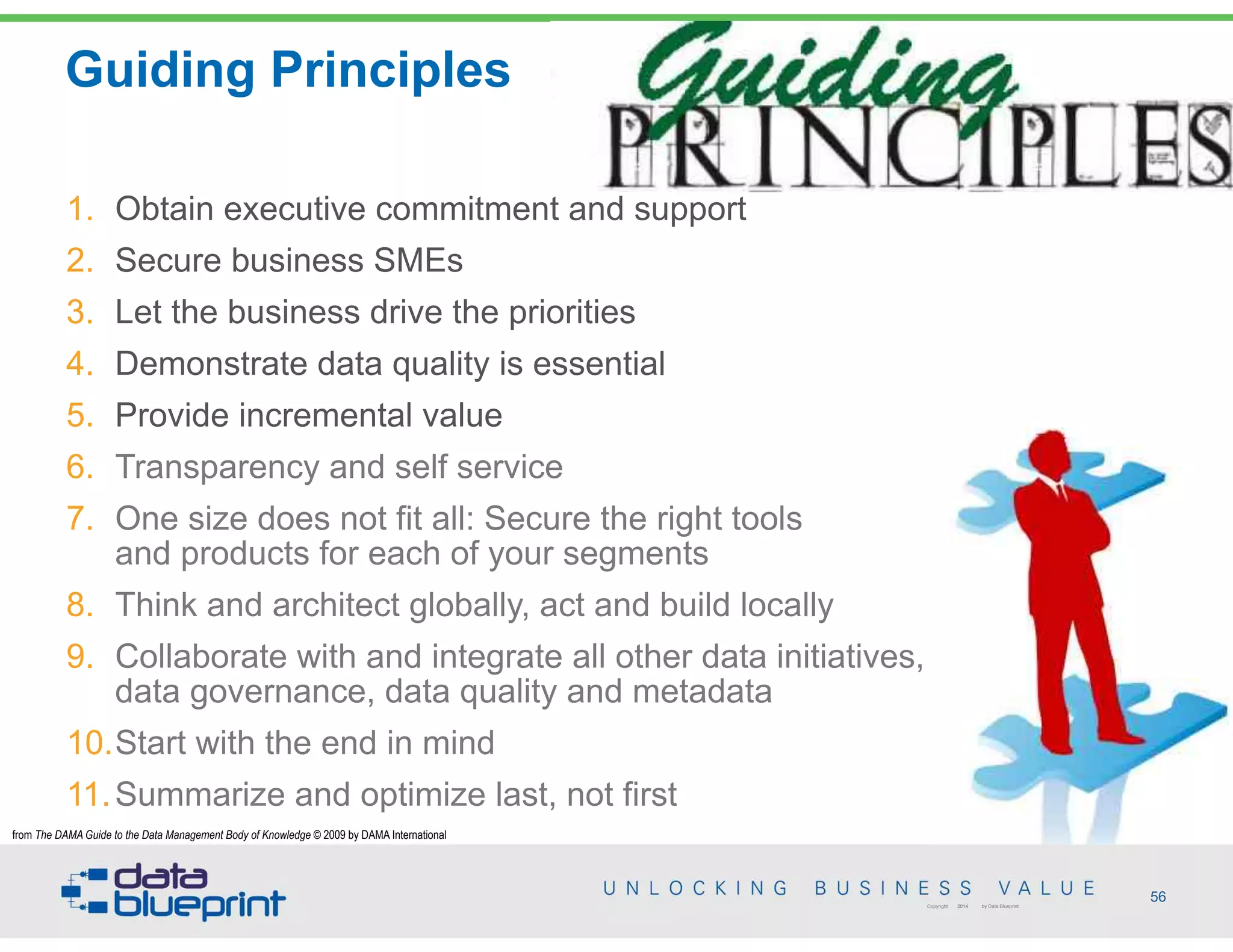 Guiding Principles
56Copyright 2014 by Data Blueprint
from The DAMA Guide to the Data Management Body of Knowledge © 2009 by DAMA International
1. Obtain executive commitment and support
2. Secure business SMEs
3. Let the business drive the priorities
4. Demonstrate data quality is essential
5. Provide incremental value
6. Transparency and self service
7. One size does not fit all: Secure the right tools  
and products for each of your segments
8. Think and architect globally, act and build locally
9. Collaborate with and integrate all other data initiatives, especially those for
data governance, data quality and metadata
10.Start with the end in mind
11.Summarize and optimize last, not first
 