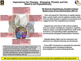 Imperatives for Change: Emerging Threats and the
Need to be Expeditionary
We Need An Expeditionary, Scalable & Ready
Modern Army (From CSA Priorities, SEP 13)
- Train and equip the Total Army to rapidly deploy,

fight, sustain itself, and win against complex state
and non-state threats in austere environments and
rugged terrain (The expeditionary mindset).
- Support the Joint Force with critical enablers

such as aviation, intelligence, engineers, logistics,
medical, signal, and special operations, both while
enroute to, and operating within expeditionary
environments alongside Unified Action Partners.

- Rapidly deploy, fight, and win whenever and
wherever our national interests are threatened.

“The Army will remain the most highly-trained and
professional All-Volunteer land force in the world;
uniquely organized with the capability and capacity to
provide expeditionary, decisive landpower to the Joint
Force” (From CSA Priorities, SEP 13)

- Focus S&T investment to maximize the potential
of emerging game-changing landpower
technologies to counter emerging threats.

We must rebalance now to prevent overmatch and to provide new capabilities for the future force
3

 