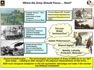 Where the Army Should Focus ... Next?

•Campaign “Seasons” - Fixed
Fortifications
•Small Armies as Capital
Investments
•Emergence of Levee en Masse

•Industry of War
•Large Armies- Tactical and
Operational Durability
•Emergence of Combined Arms
Warfare

•Precision Weapons-GPS Navigation
•Network-Common Operating Picture
•Integration of Information and Joint
Effects

The next
Global
Technical Era?

Soldier Performance?
•Strategic through Tactical
Nuclear Weapons
•Wars of Limited Objective
•Emergence of Revolutionary
Warfare

Beyond Digital?
Mobility, Lethality,
Protection, Materials?

Absent breakthroughs .... The technologies and systems of Army of 2030 are in our S&T
base today ... Leading to little change in the physical characteristics of that Army ...
DOD must recognize landpower is the US asymmetric advantage and make it the number
one Defense investment
5

 