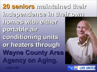 2200 sseenniioorrss mmaaiinnttaaiinneedd tthheeiirr 
iinnddeeppeennddeennccee iinn tthheeiirr oowwnn 
hhoommeess wwiitthh eeiitthheerr 
ppoorrttaabbllee aaiirr 
ccoonnddiittiioonniinngg uunniittss 
oorr hheeaatteerrss tthhrroouugghh 
WWaayynnee CCoouunnttyy AArreeaa 
AAggeennccyy oonn AAggiinngg.. 
uuwwllcc..nneett 
 