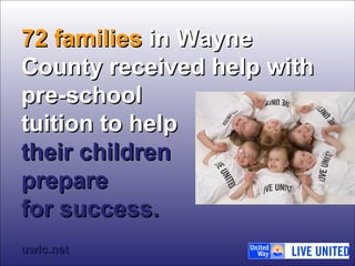 7722 ffaammiilliieess iinn WWaayynnee 
CCoouunnttyy rreecceeiivveedd hheellpp wwiitthh 
pprree--sscchhooooll 
ttuuiittiioonn ttoo hheellpp 
tthheeiirr cchhiillddrreenn 
pprreeppaarree 
ffoorr ssuucccceessss.. 
uuwwllcc..nneett 
 