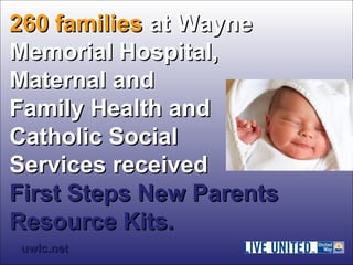 226600 ffaammiilliieess aatt WWaayynnee 
MMeemmoorriiaall HHoossppiittaall,, 
MMaatteerrnnaall aanndd 
FFaammiillyy HHeeaalltthh aanndd 
CCaatthhoolliicc SSoocciiaall 
SSeerrvviicceess rreecceeiivveedd 
FFiirrsstt SStteeppss NNeeww PPaarreennttss 
RReessoouurrccee KKiittss.. 
uuwwllcc..nneett 
 