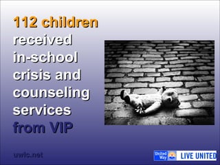 111122 cchhiillddrreenn 
rreecceeiivveedd 
iinn--sscchhooooll 
ccrriissiiss aanndd 
ccoouunnsseelliinngg 
sseerrvviicceess 
ffrroomm VVIIPP 
uuwwllcc..nneett 
 